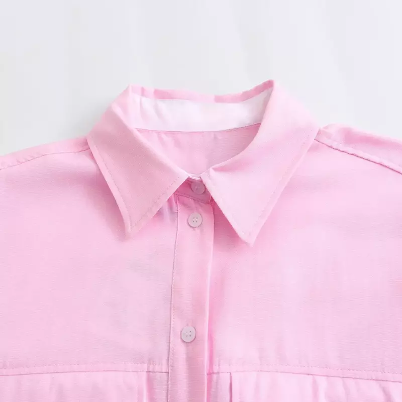 Camisa Oxford feminina curta de emenda casual, top retrô de botão de manga comprida, top único fashion, flip, novo, 2024
