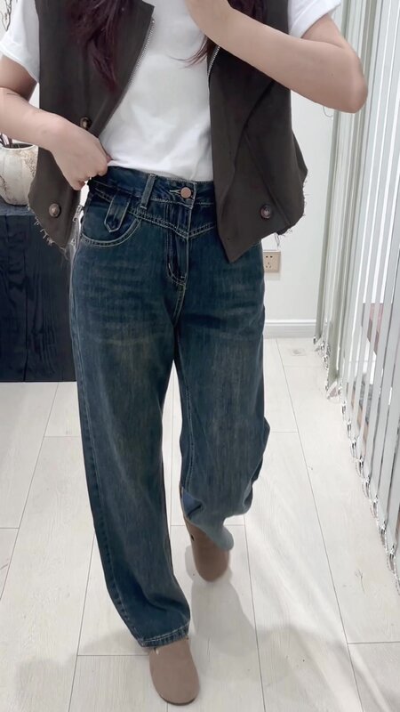 Finewords กางเกงยีนส์เอวสูงสำหรับผู้หญิง, กางเกงเอวสูงย้อนยุคยีนส์เกาหลีลำลองกางเกงกางเกงยีนส์สีน้ำเงินเข้ม