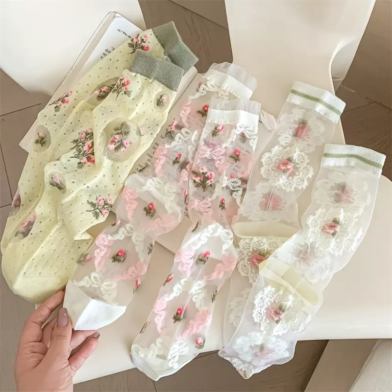 3 Pairs/Lot Women Socks Set Thin Summer New Fresh Sweet Lace Flower Socks Breathable Hollow Out Ladies Transparent Socks Comfy