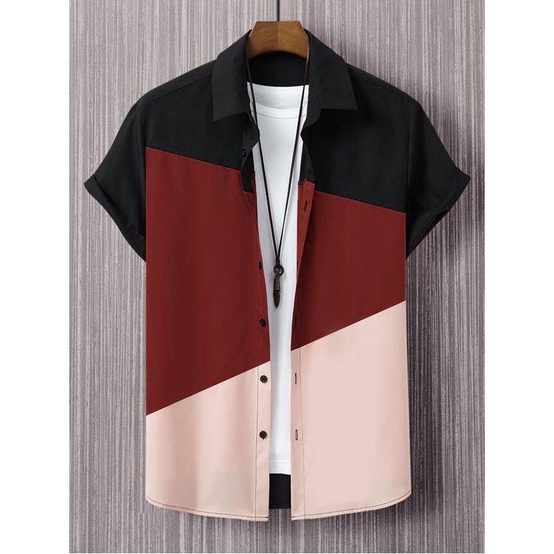 3色パッチワークプリント半袖ルーズフィットハワイアンTシャツ,特大トップス,シンプルなファッション服,高品質