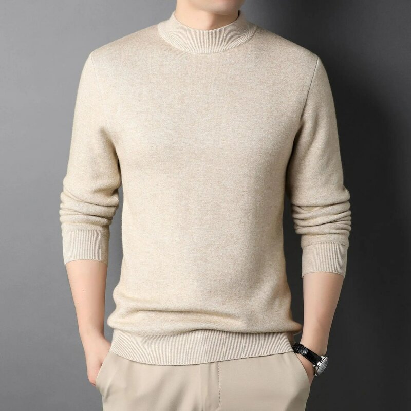 Suéter de punto de Color sólido para hombre, jerseys ajustados de alta calidad, suéteres básicos de Cuello medio alto, moda de invierno, nuevo