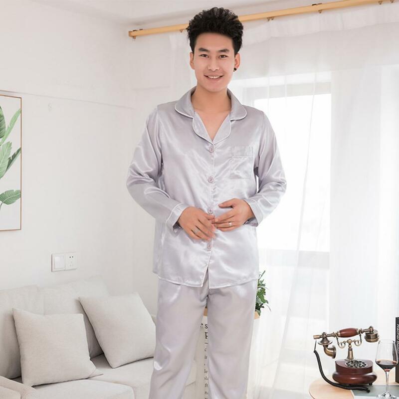 Conjunto de pijama cetim de seda masculino, manga comprida, cor sólida, moda, terno de casal