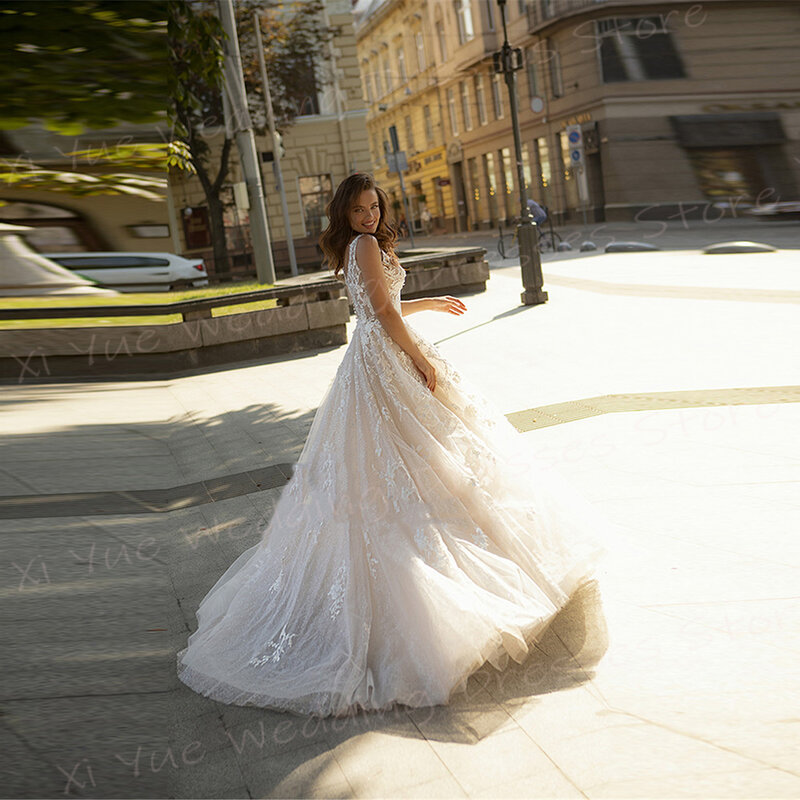 ชุดแต่งงานของผู้หญิงทรงเอไลน์เซ็กซี่แบบคลาสสิก2024ชุดแต่งงานเจ้าสาวผ้าปะติดลูกไม้แขนกุดคอ V ลึก vestido de noivas