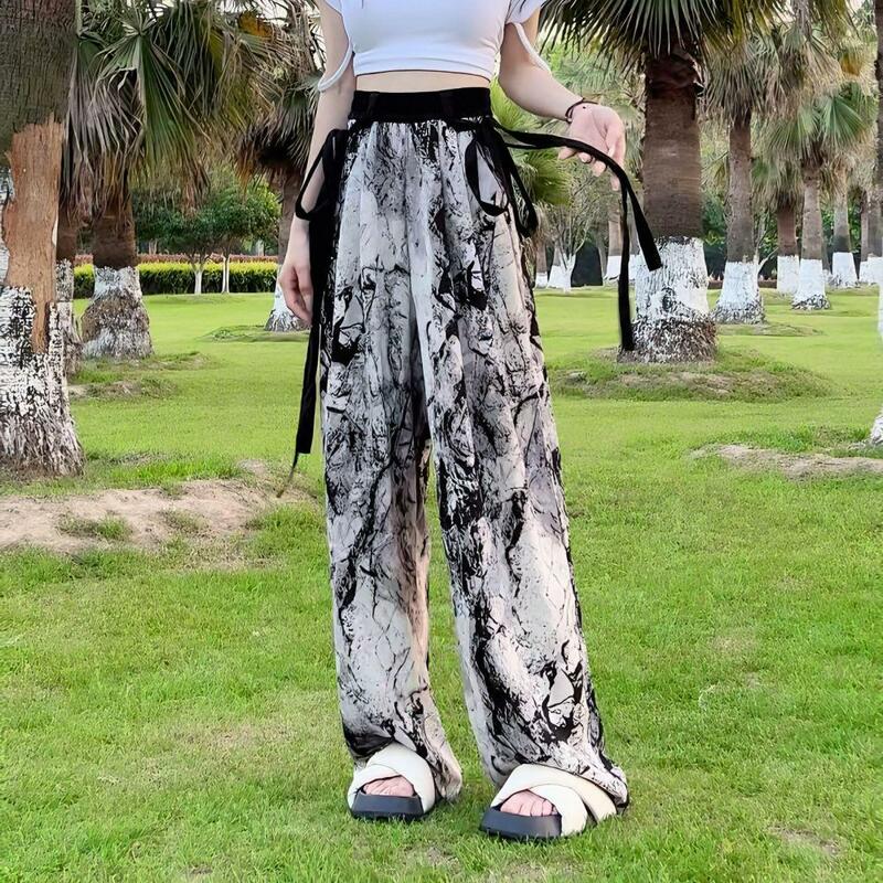 Свободные брюки в китайском стиле шифоновые брюки с чернильным бамбуковым принтом и украшением в виде лент женские элегантные летние брюки с широкими штанинами