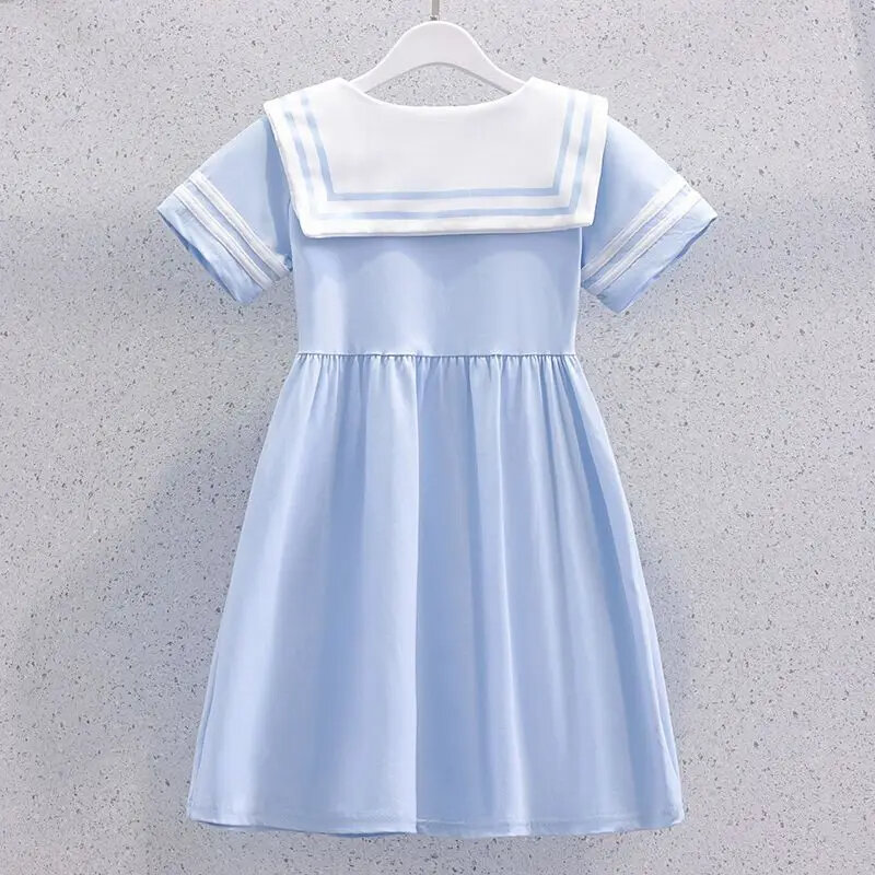 Gaun anak-anak Sanrio elastis gaun putri leher biru laut bayi perempuan lengan pendek musim panas hadiah baju anak pesta ulang tahun