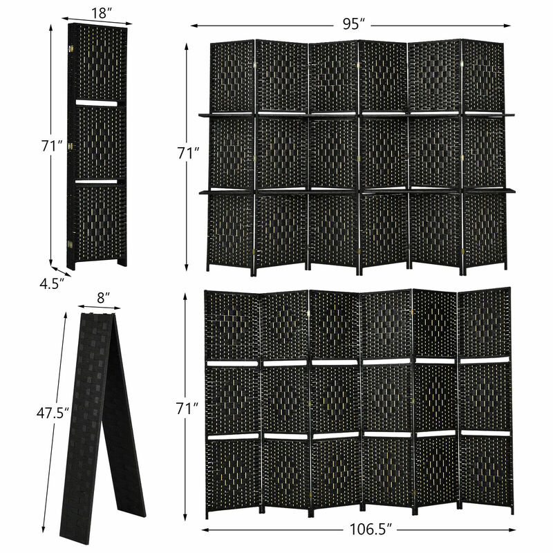 6-Panel Folding Room Divider Weave Fiber Screen 6 Ft Tall W/ 2 Display Shelves