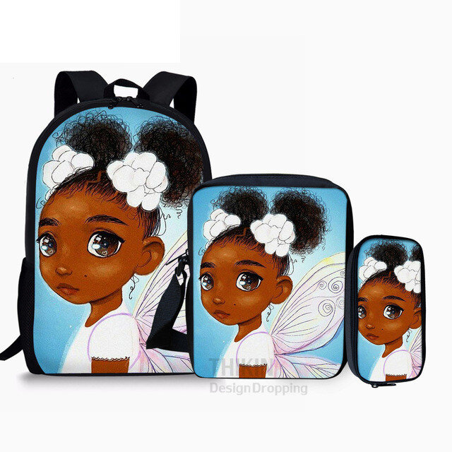 Sacos escolares impressos em 3D para meninas, mochila mochila, bolsa de ombro inclinado, estojo para lápis, magia negra, Afro Lady, clássico, 3 peças por conjunto