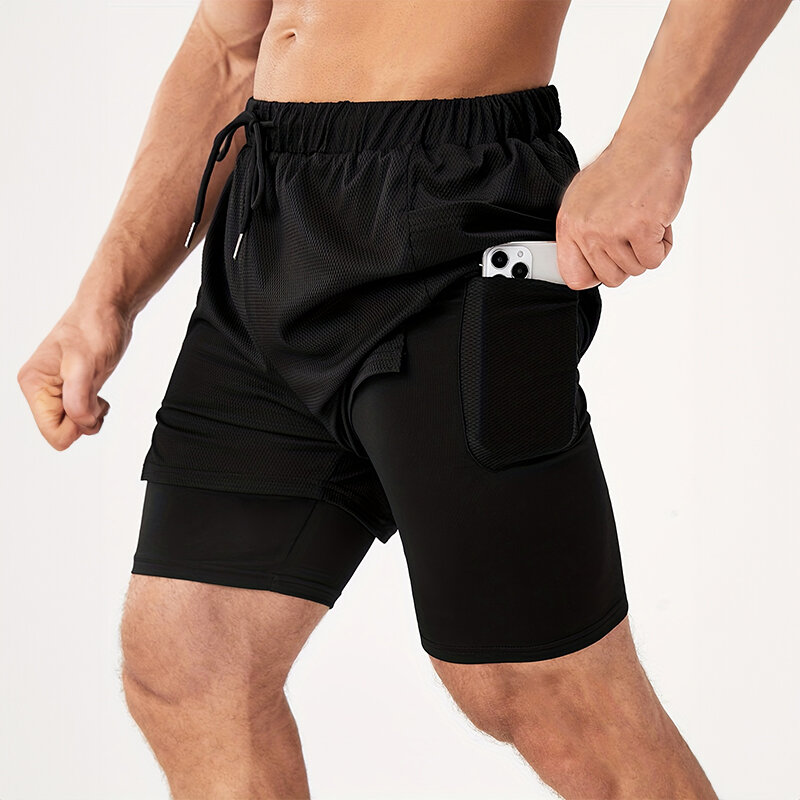 Pantalones cortos para correr para hombre, pantalón de chándal informal, de secado rápido, 2 en 1, holgado, para entrenamiento deportivo al aire libre