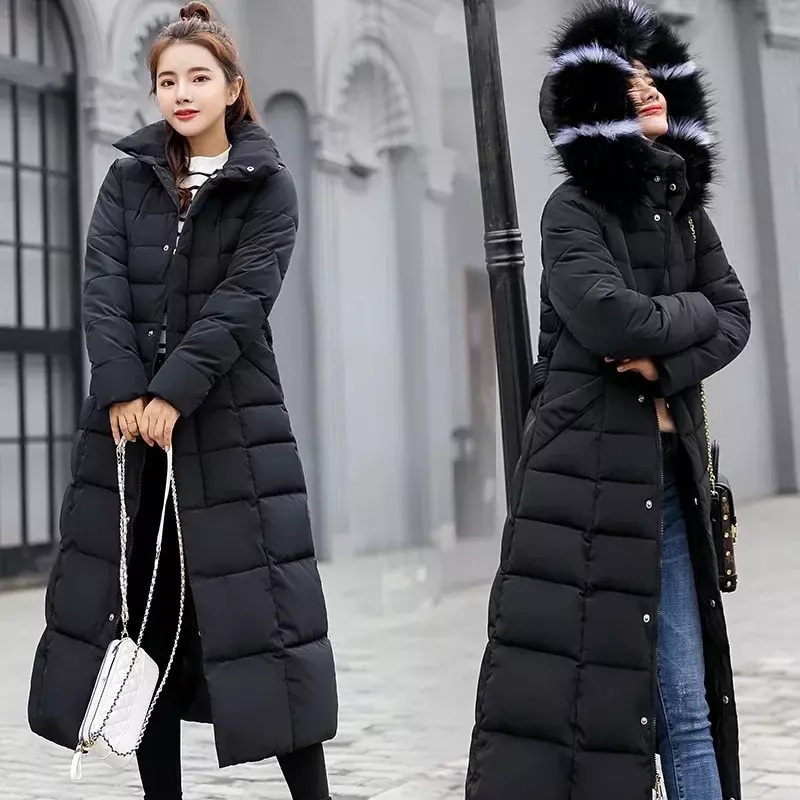 Новинка 2023, зимняя куртка, женское теплое модное пальто с воротником из лисьего меха и бантом на поясе, длинное платье, женское плотное пальто