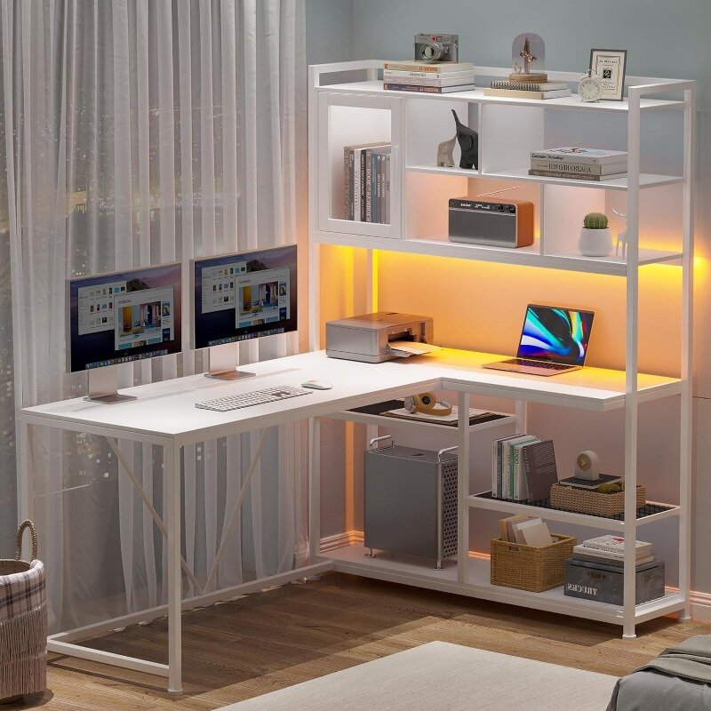 Escritorio de ordenador en forma de L, escritorio de oficina de 58 pulgadas con luz LED y estantería, esquinero en forma de L con estantes de almacenamiento para la oficina en casa