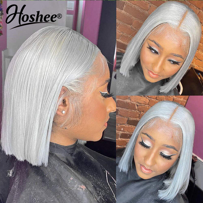 Grey Colored Short Bob Pixie Cut HD Transparent Lace Front Wig Human Hair Glueless Prepluck Frontal Wigs Ready To Wear For Woman