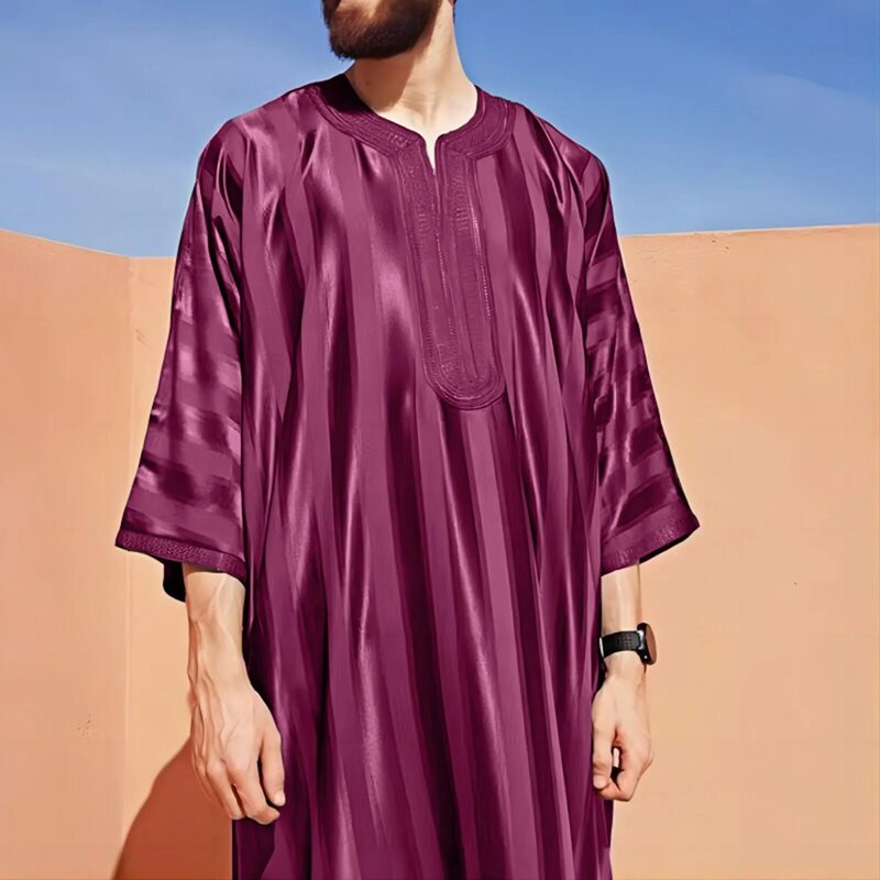 Ramadan muzułmańska szata Abayas Dubai casualowe kaftanowe satynowe szaty w paski islamski kostium pół rękawa Jubba Thobe dla męskie bliskowschodnie