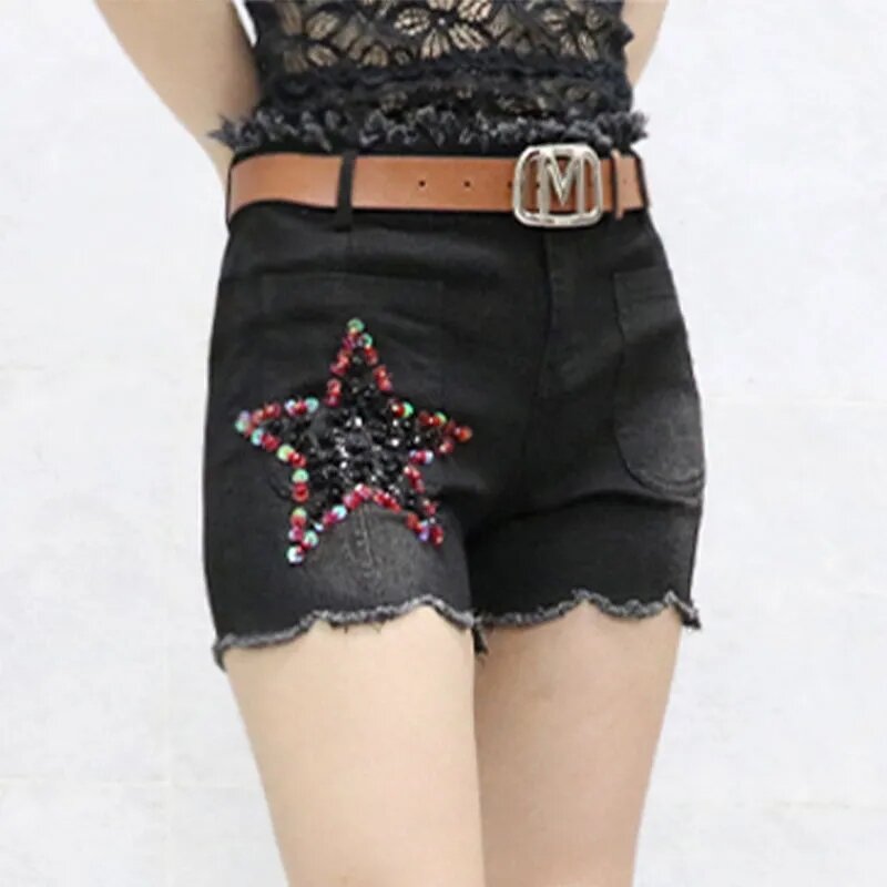 Pantalones cortos de mezclilla para mujer, versión coreana, lentejuelas con tachuelas, cintura alta, ajustados, informales, 2024