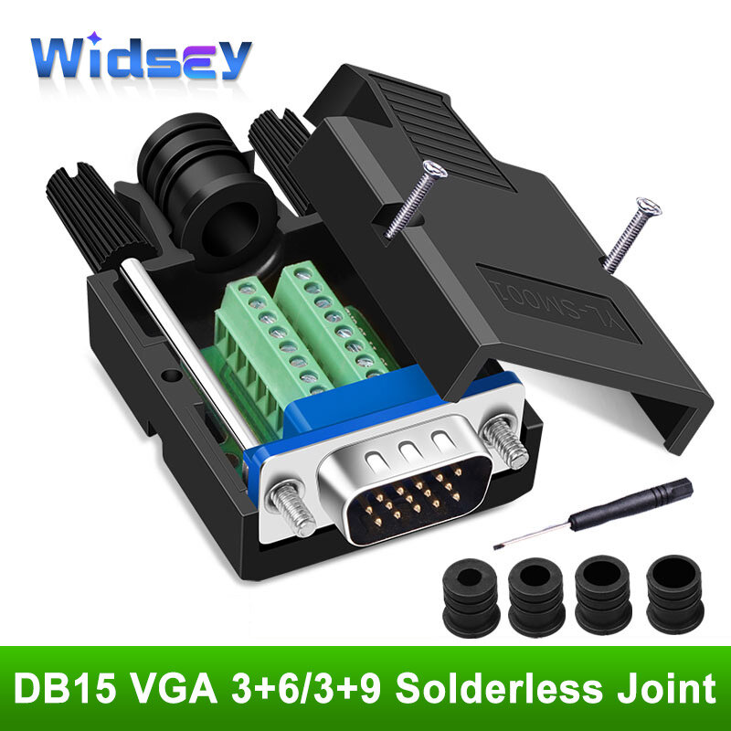 وصلة VGA Solderless ، نوع القفل ، 3 صفوف من 15 الإبر ، موصل الذكور والإناث ، شاشة الكمبيوتر وجهاز العرض الطرفية ، DB15 ، 3 + 6 ، 3 + 9