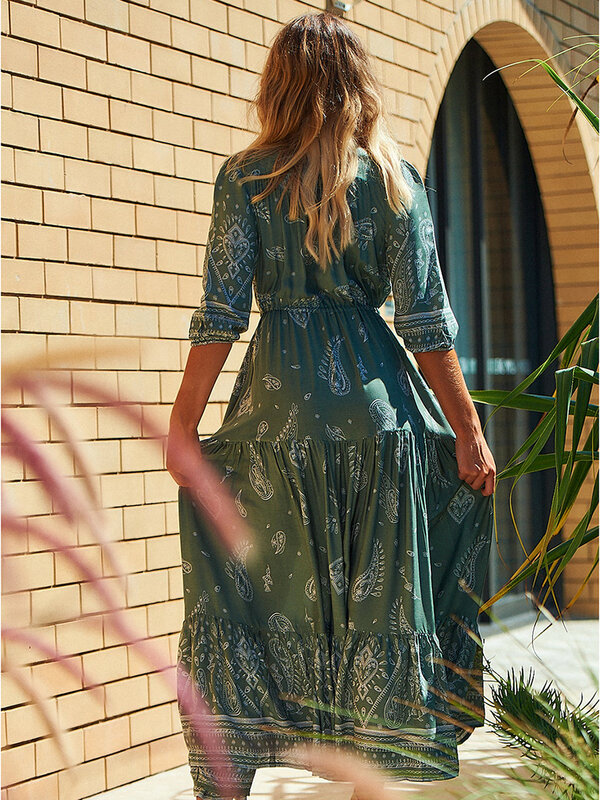 Damen Langarm grün bedrucktes Boho-Kleid lässig bedrucktes fließendes A-Linie Party Maxi kleid für Beach Cocktail Club Streetwear