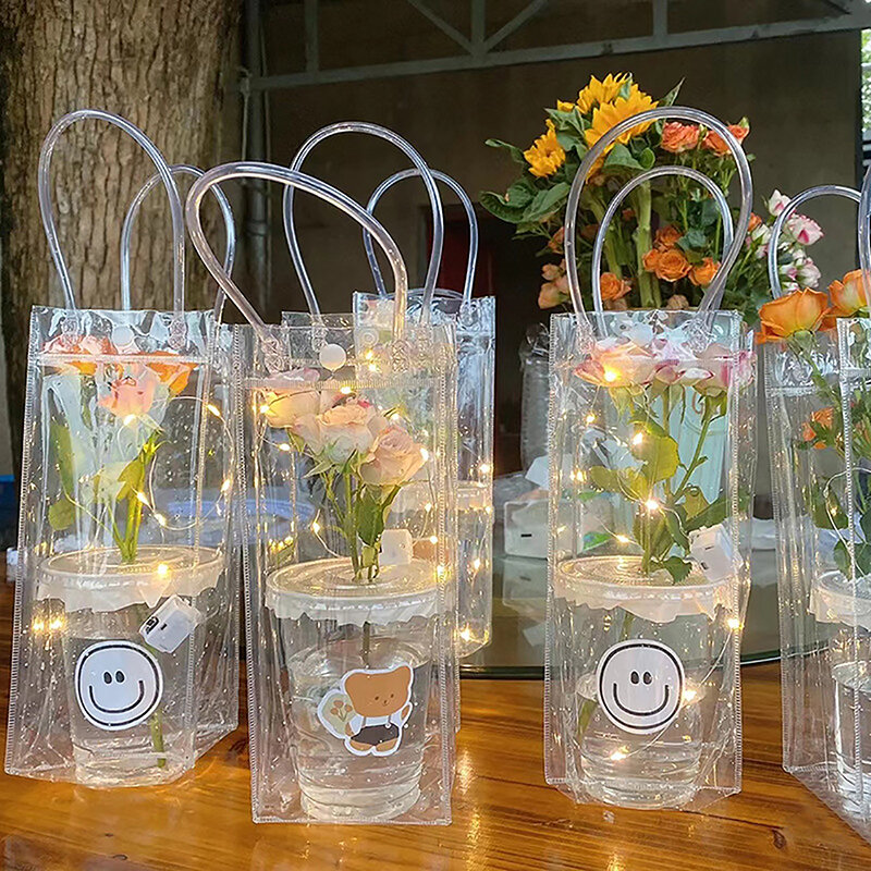 Sac à fleurs en PVC transparent, sac à fleurs, sac fourre-tout, tasse simple bricolage, emballage de magasin de fleurs unique