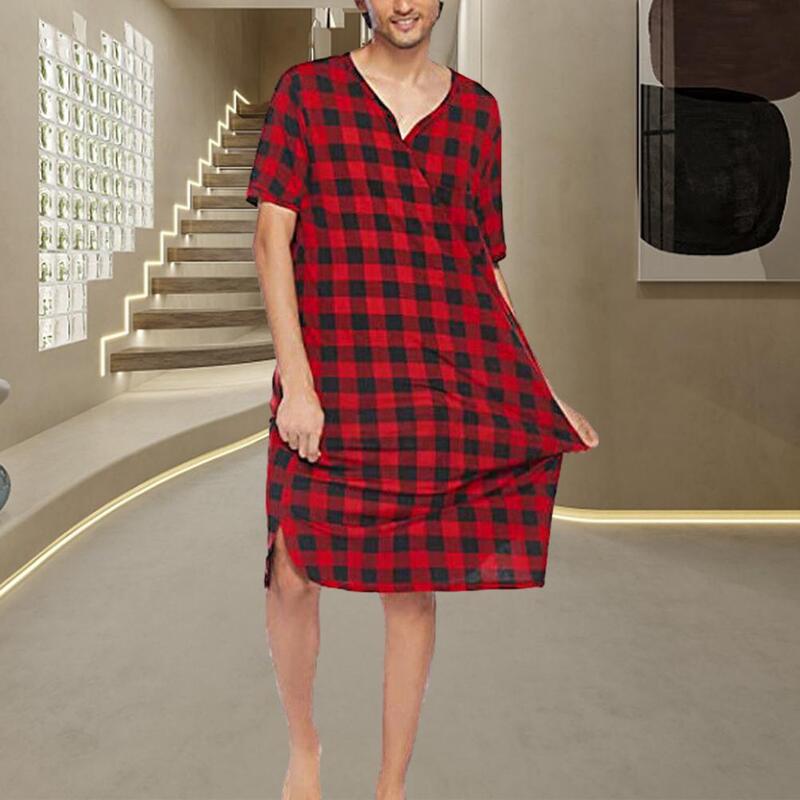 Plaid Pattern Nightgown V-neck Pajamas Plaid Print Men's Summer Pajamas with Short Sleeves Chest Pocket V Neck Sleep for Comfort