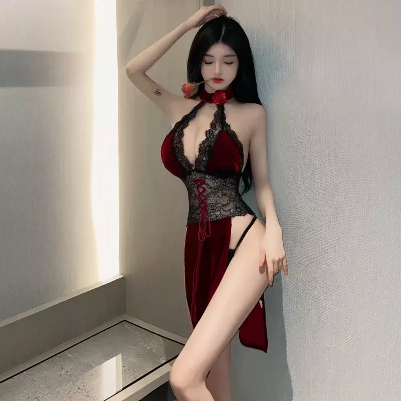 Camisón Sexy de cintura alta para mujer, vestido de noche con perspectiva de encaje, Cheongsam uniforme, concubina de baile Rosa dividida, gran oferta
