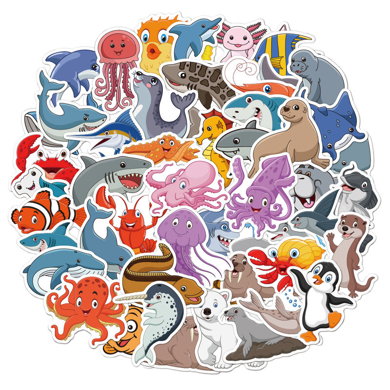 Pegatinas de animales de dibujos animados, 50 hojas de decoración, pegatinas de animales marinos del bosque