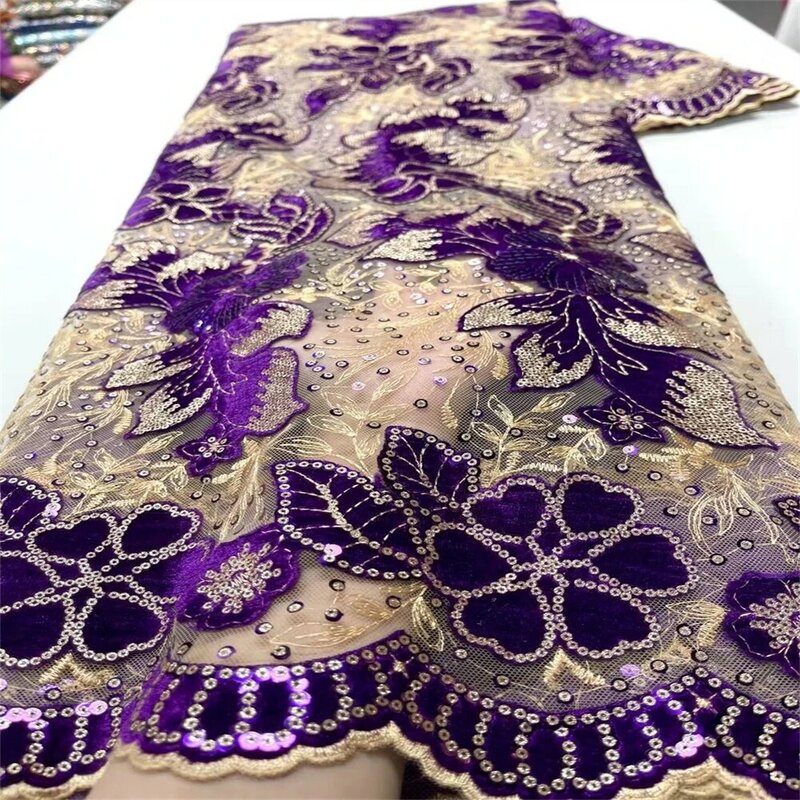 Африканская бархатная кружевная ткань, вечернее платье высокого качества, роскошная вышивка блестками, нигерийская мода, 5 ярдов, 2024