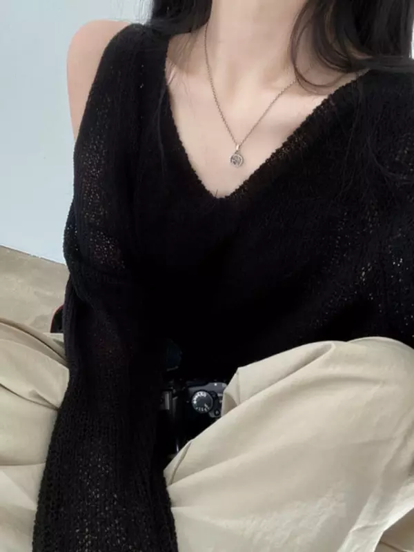 Suéter de punto con hombros descubiertos y cuello en V retro para mujer, Jersey suelto, combina con todo, informal, protector solar, tops elegantes, coreano, High Street