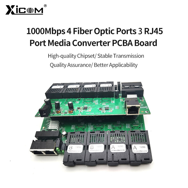 Gigabit Placa Metro Ethernet Switch Fibra 4*1.25G Port Serat 3*100/1000M RJ45 Port SC Saklar Serat Optik Papan PCBA Simpleks 20KM