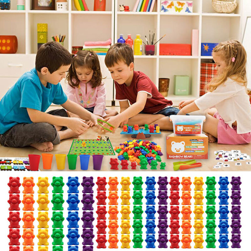 1 Set arcobaleno conteggio pesi orso con tazze impilabili insegnamento Montessori gioco di abbinamento smistamento giocattoli educativi per bambini