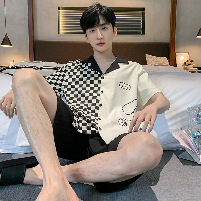 2023 moda coreana dos homens de algodão pijamas duas peças conjunto roupas para casa masculino pijamas pijamas pjs homme shorts macios conjunto