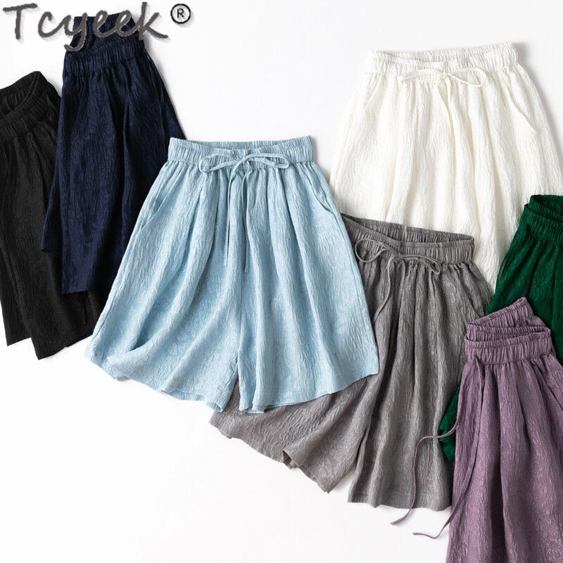 Tcyeek 100% Real Mulberry Silk Shorts for Women Clothing Summer Loose Trousers Casual Women's Shorts Lace-up Pantalones Cortos