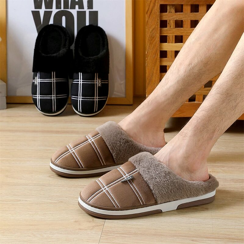 Plaid Men Shoes Winter Slippers Suede Gingham Plush Velvet Indoor Shoes for Men Warm Home Slippers 2024 Non Slip Male slipper