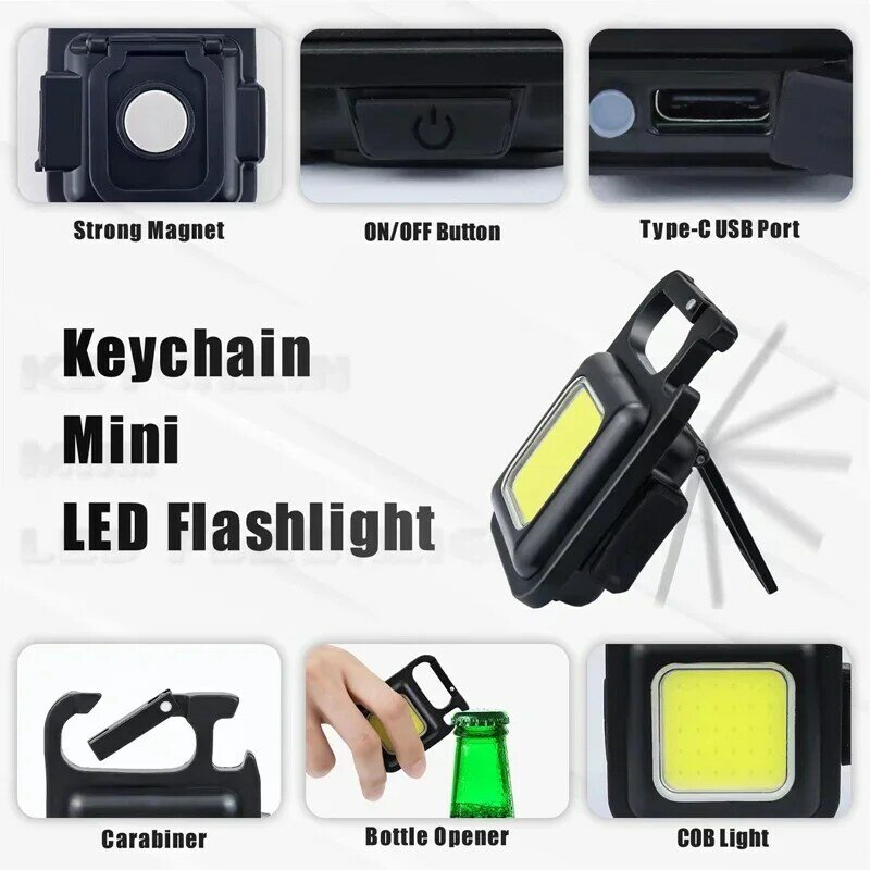 Mini linterna LED recargable por USB, llavero, sacacorchos, luz de trabajo, luz de bolsillo pequeña magnética para acampar al aire libre, pesca