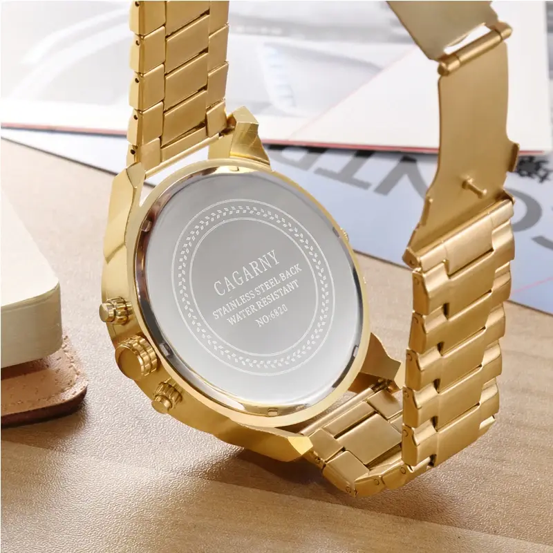 Cool Big Case Heren Horloges Topmerk Luxe Cagarny Dual Display Militair Reloj Hombre Goud Staal Quartz Horloge Heren Mannelijke Klok