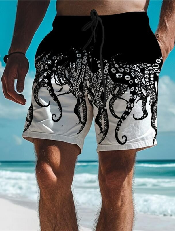 กางเกงว่ายน้ำขาสั้นผู้ชายพิมพ์ลายปลาหมึกกางเกงว่ายน้ำกางเกงฮาวายขาสั้นกางเกงขาสั้นผูกเชือก Comfort ระบายอากาศได้สำหรับวันหยุดพักผ่อน