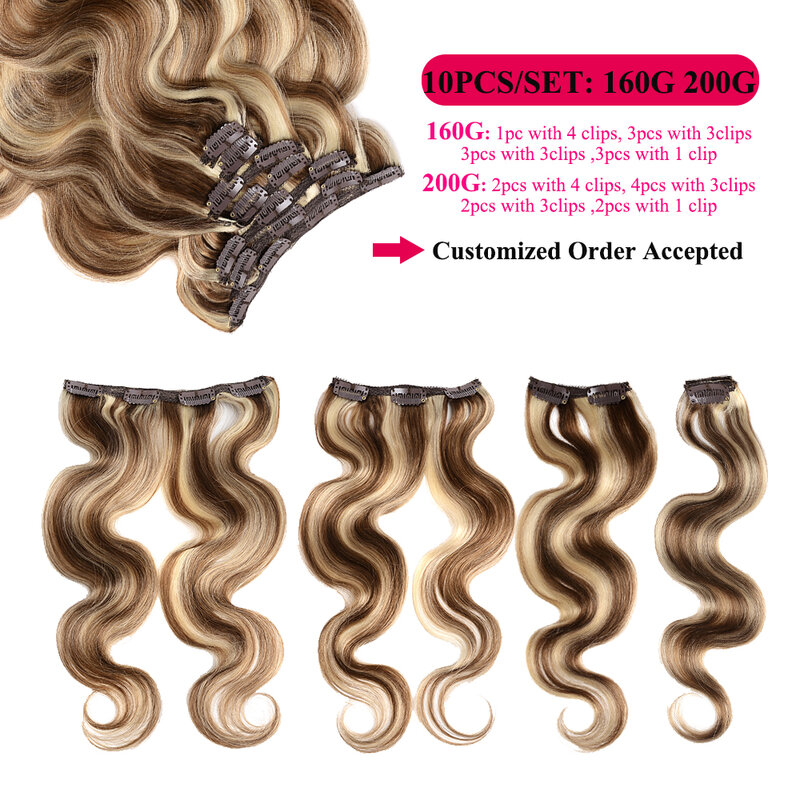 Real Remy Natural Extensões de cabelo humano, Hairpieces ondulados, cabeça cheia, clipe de destaque loiro marrom, Doreen, loira, 160g, 200g