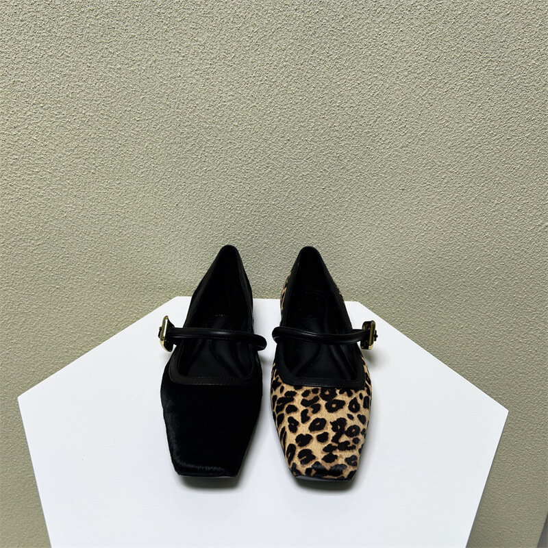Zapatos planos de cabeza cuadrada con patrón de leopardo para mujer, zapatos Retro de boca poco profunda, cómodos, de diseñador, nuevos