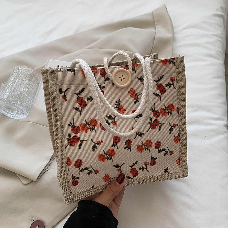 ISKYBOB tas tangan Linen wanita pola bunga Retro tas belanja kapasitas besar tas penyimpanan belanja perjalanan tas kemasan hadiah 1 buah