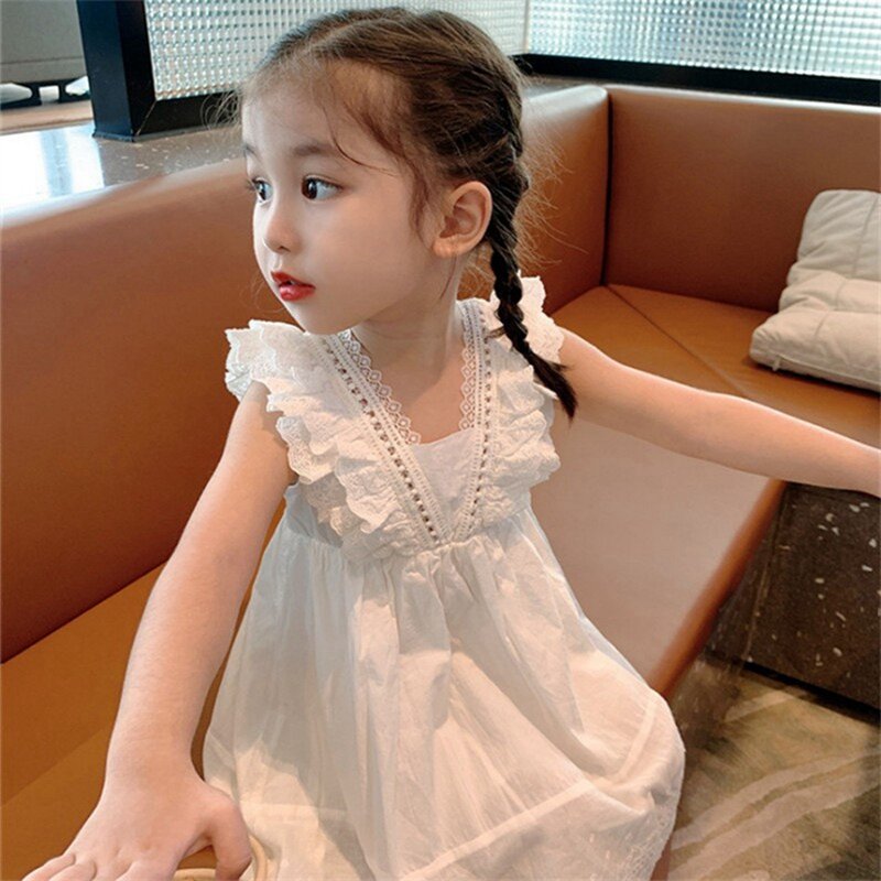 Summer Kids Girls Dresses Skin-friendly Breathable Fashionable Sweet Cute Sleeveless Lace Girls Princess Dress Clothing
