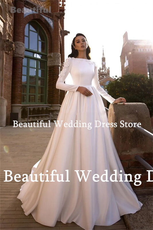 Vestido de casamento em cetim para mulheres, decote em O, mangas compridas, flores, renda, apliques, comprimento do chão, elegante, muçulmano, novo