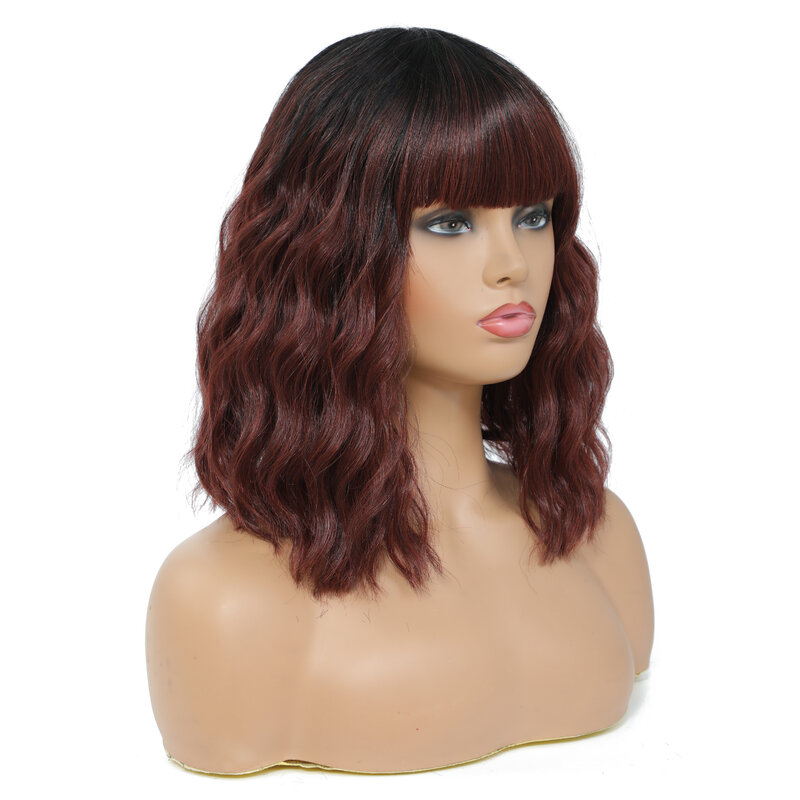 14" Soft Wavy Red Wig With Bangs Good Quality Synthetic Wigs Female Blonde/Black/Red Bob Wigs For Women Daily Party Cosplay Use