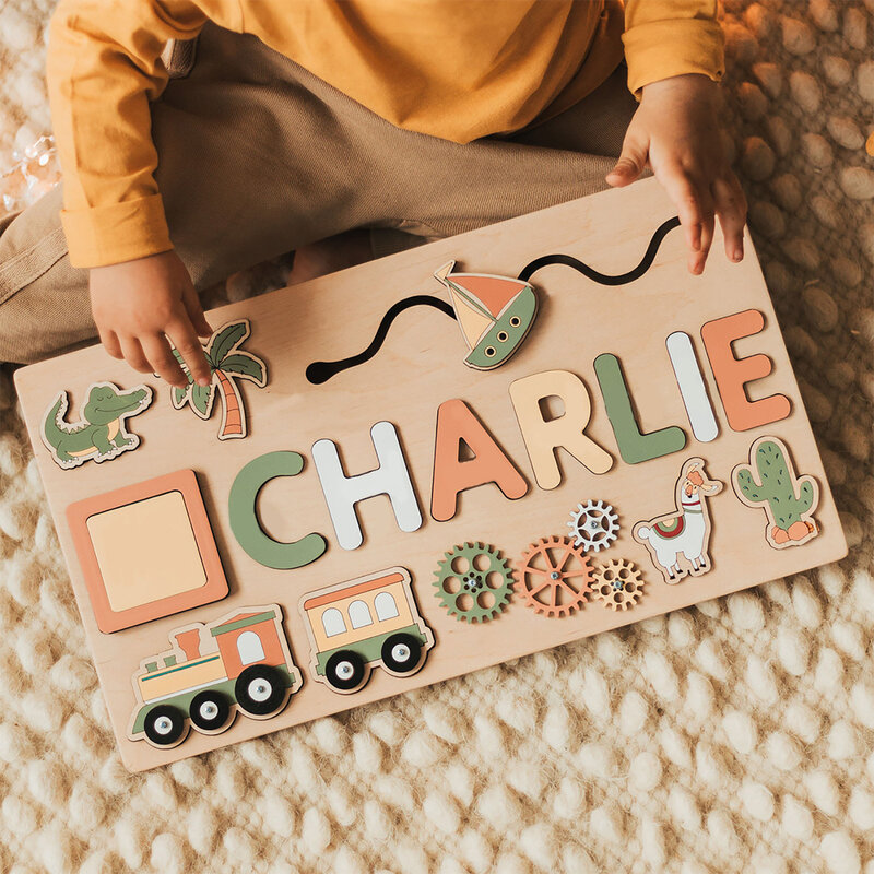 Personalizado de madeira nome quebra-cabeça para o bebê, personalizado jogo tabuleiro, 3 D Jigsaw, forma educacional correspondência, desenvolvimento brinquedo