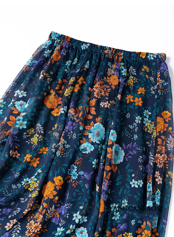 Literary and Elegant Flowing Floral Double Layered 100% Natural Mulberry Silk Elastic Waist Large Hem Women's Fashionable Skirt