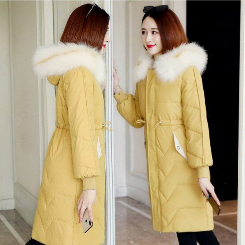 Mantel panjang jaket Down wanita, mantel bulu bertudung ukuran besar tebal longgar parka versi setengah musim dingin 2023