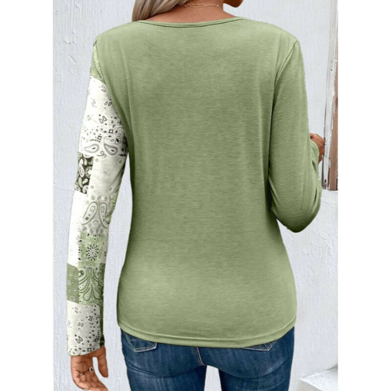Camiseta de punto de manga larga para mujer, Jersey informal con cuello redondo Irregular, empalme de color sólido estampado, Otoño e Invierno
