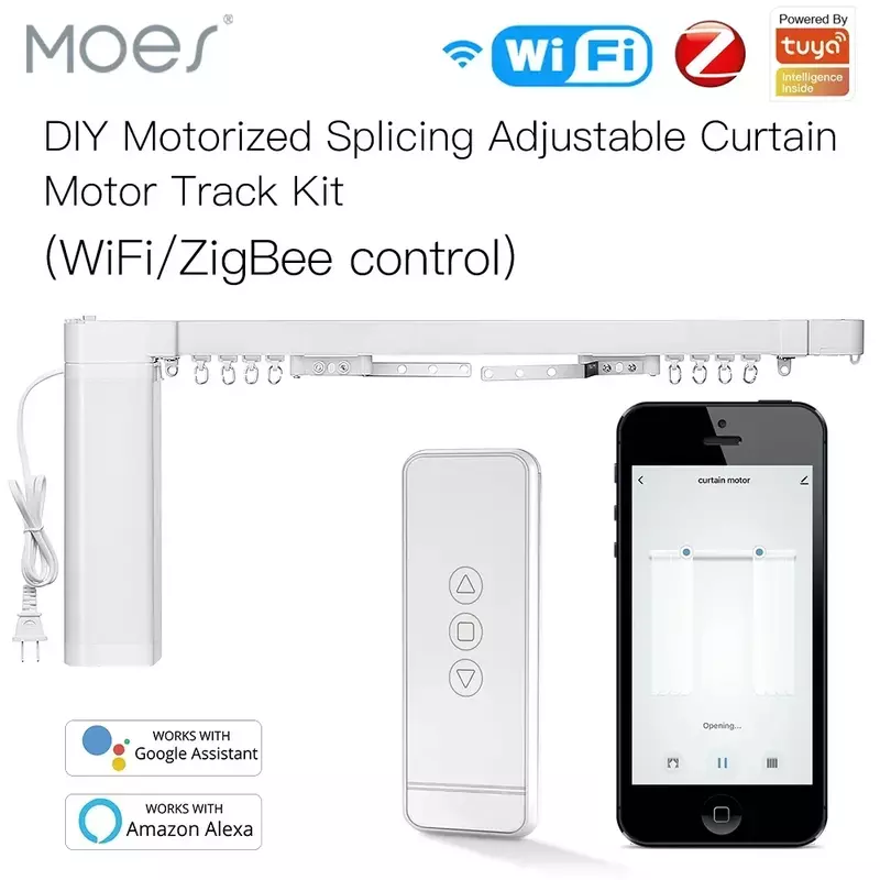 Moes-Smart WiFi Motorizado Cortina, DIY Track, Motor RF Remote, Vida Inteligente, Tuya App Controle, Alexa, Google Home, Novo