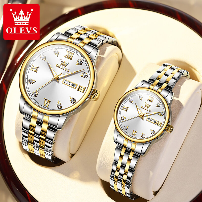 Olevs Mode Quarzuhren für Paar Luxus goldene Edelstahl Paar Uhren wasserdichte leuchtende Damen Armbanduhr reloj