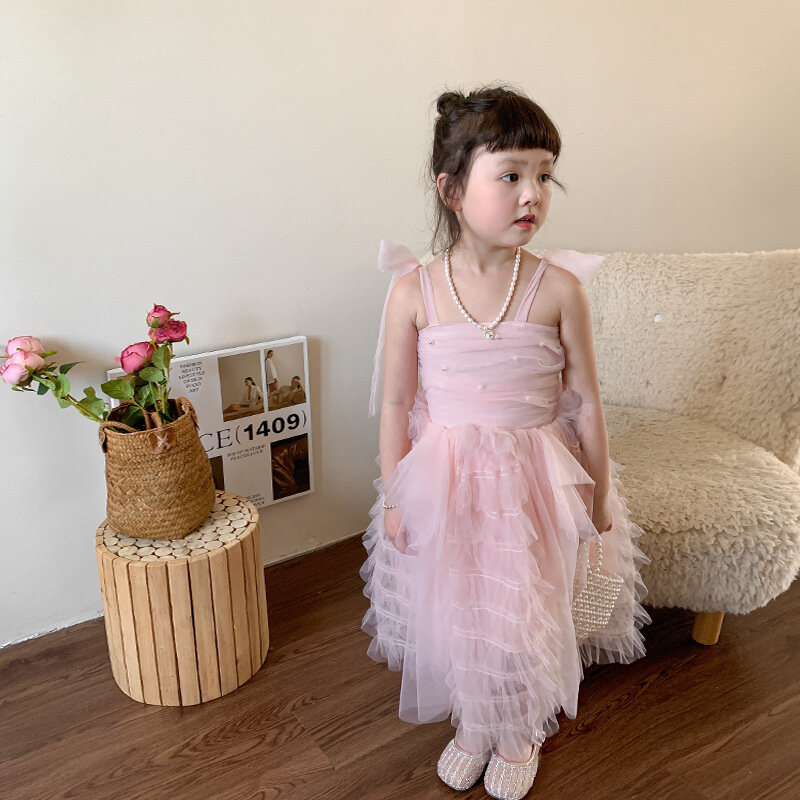 Childrens Clothing Girls Dress 2024 Summer New Korean Edition Childrens Cake Princess Pink Dress Baby Dress Clothes