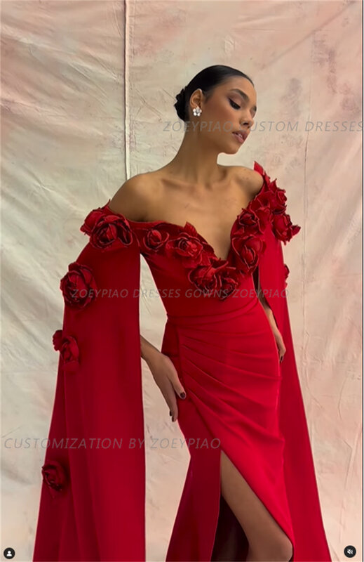 Vestido de fiesta rojo Sexy con flores en 3D, vestidos de fiesta con abertura lateral, longitud hasta el suelo de sirena, satén, hombros descubiertos, vestidos de noche formales para ocasiones