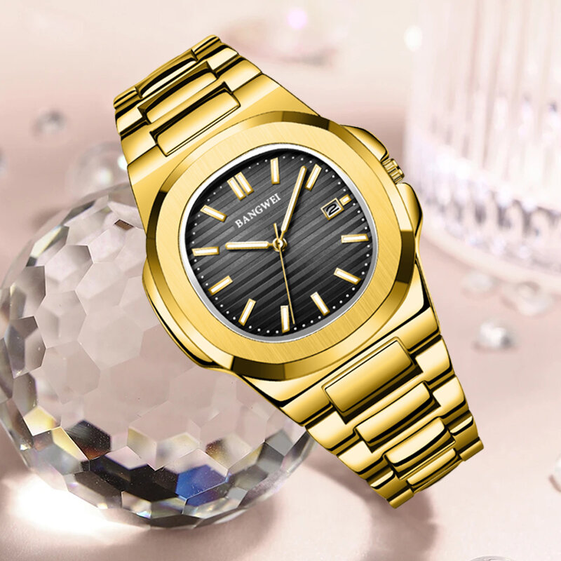 LIGE jam tangan wanita modis warna emas, jam tangan gelang baja kreatif tahan air untuk wanita