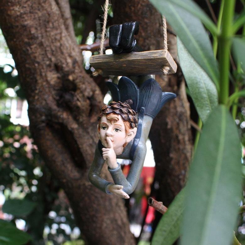 New Garden Decoration Outdoor Hanging Statue Fairy Garden Elf Boy Swinging Sculpture Resin Figurine Tree Ornament for Home