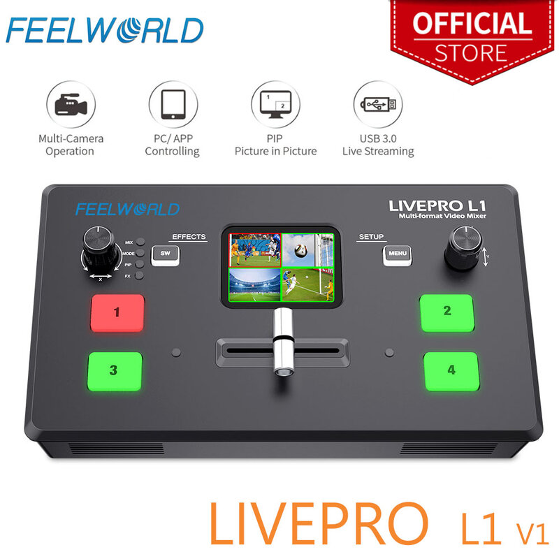 FEELWORLD-Mezclador de vídeo multiformato LIVEPRO L1 V1, editor para mezclar vídeos, conmutador con 4 entradas HDMI, producción de cámara, USB 3.0, transmisión en directo y Youtube